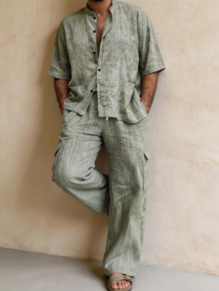 GOLDREDY 男士新款夏季短袖立领亚麻质感休闲衬衫及宽松长裤套装，适合外出、度假和旅行