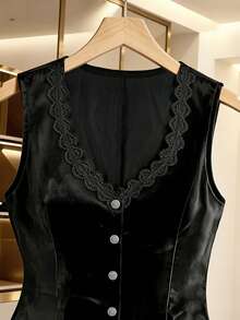 Women's Autumn/Winter Elegant Commute Holiday Inner/Outer Wear High-Quality Solid Color Lace Trim V-Neck Metal Four-Button Fitted Sleeveless Blazer - Black - View 7