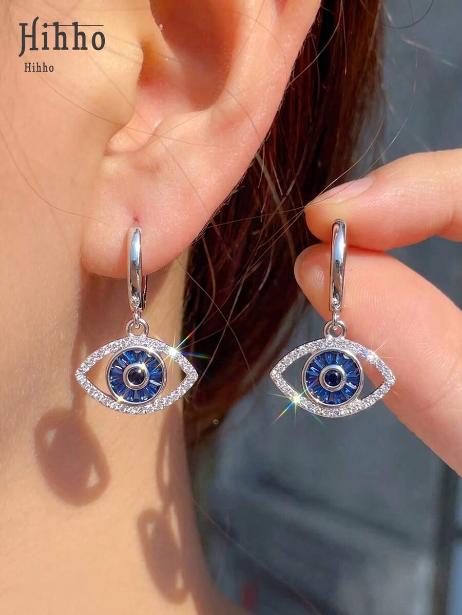 Hihho 1 Pair Royal Blue Zirconia Evil Eye Copper Pendant Earrings, Wisdom Eye, Daily Wear, Elegant, Unique Personalized, Women's Earrings, Suitable For Festivals, Parties, Outings, Vacations, Campus Decoration, Small Gift For Friends - Eyes and Earrings - View 1