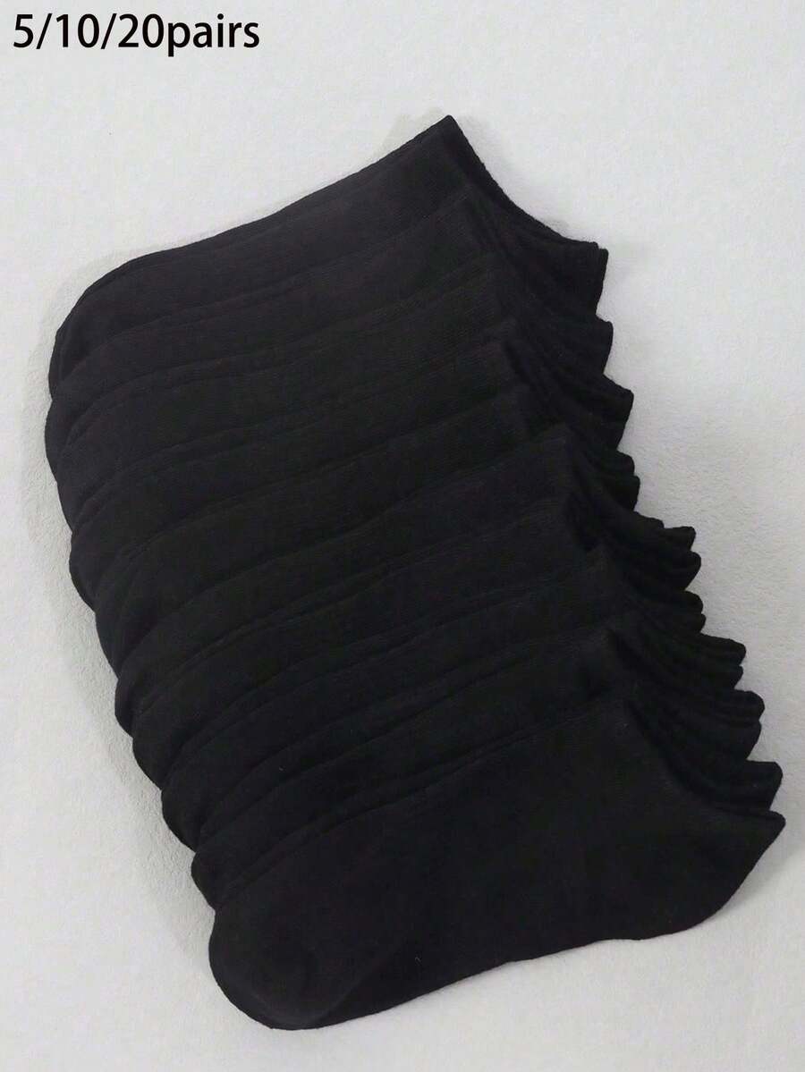 5/10/20 Pairs Black & White Women's Low-Cut No-Show Socks, Elastic Sole, Solid Color, Breathable Sports Socks, All Season Basic - Black - View 1