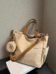Letter Print Shopping Tote Bag And Coin Purse - Khaki - View 9