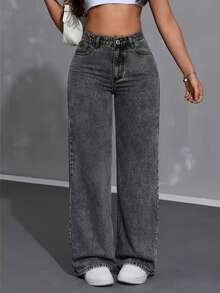 Calça Wide Leg Grafite Pantalona Jeans Feminina Cintura Alta Levanta Bumbum PLUS Size - Chumbo - Visão 2