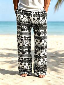 Celana Panjang Pria Gaya Bohemian Motif Gajah dan Pohon Palem Garis-garis, Potongan Lebar dengan Tali Serut dan Pinggang Elastis, Celana Panjang Kasual Ringan untuk Liburan Pantai - MultiWarna - View 1