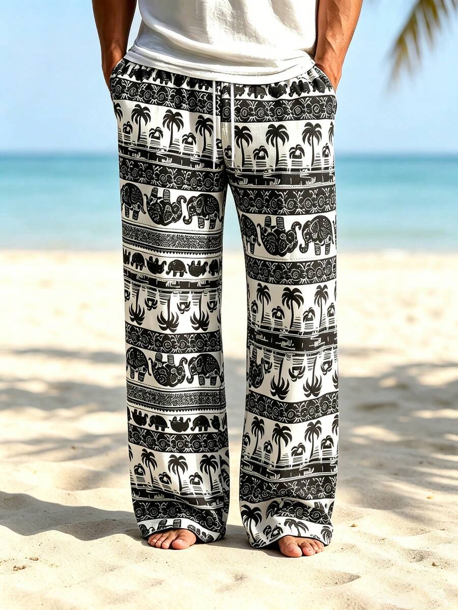 Celana Panjang Pria Gaya Bohemian Motif Gajah dan Pohon Palem Garis-garis, Potongan Lebar dengan Tali Serut dan Pinggang Elastis, Celana Panjang Kasual Ringan untuk Liburan Pantai - MultiWarna - View 1