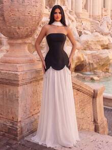 Faeriesty Elegant Strapless Evening Gown - Criss-Cross Back Straps, Flowing Drape - Perfect For Red Carpet Events, Weddings, Galas, And Social Gatherings - Black and White - View 8