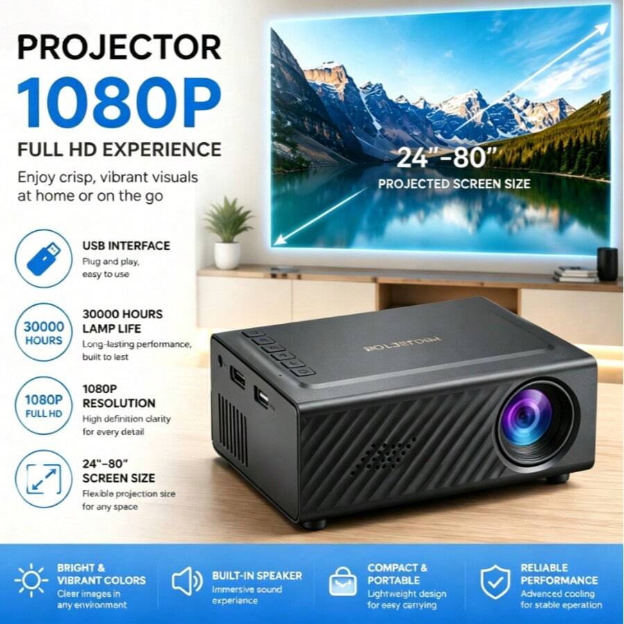 Lightweight Portable LED Projector, 24-80 Inch Projection Size, Built-In Speaker Suitable For Daily And Outdoor Entertainment