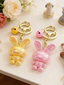 Lindo llavero de conejo de orejas largas de dibujos animados y colorido, colgante de figurita brillante, accesorio de campana femenina, dije para bolso, anillo creativo para llaves de coche, pequeño regalo - Multicolor - Ver 20