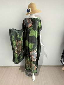 1pc Faux Silk Printed Long Robe Pullover Shawl With Small Scarf Set, Women's Outerwear Decoration, Beach Sun Protection, Windproof, UV Protection, Daily Matching - Multicolor - View 3