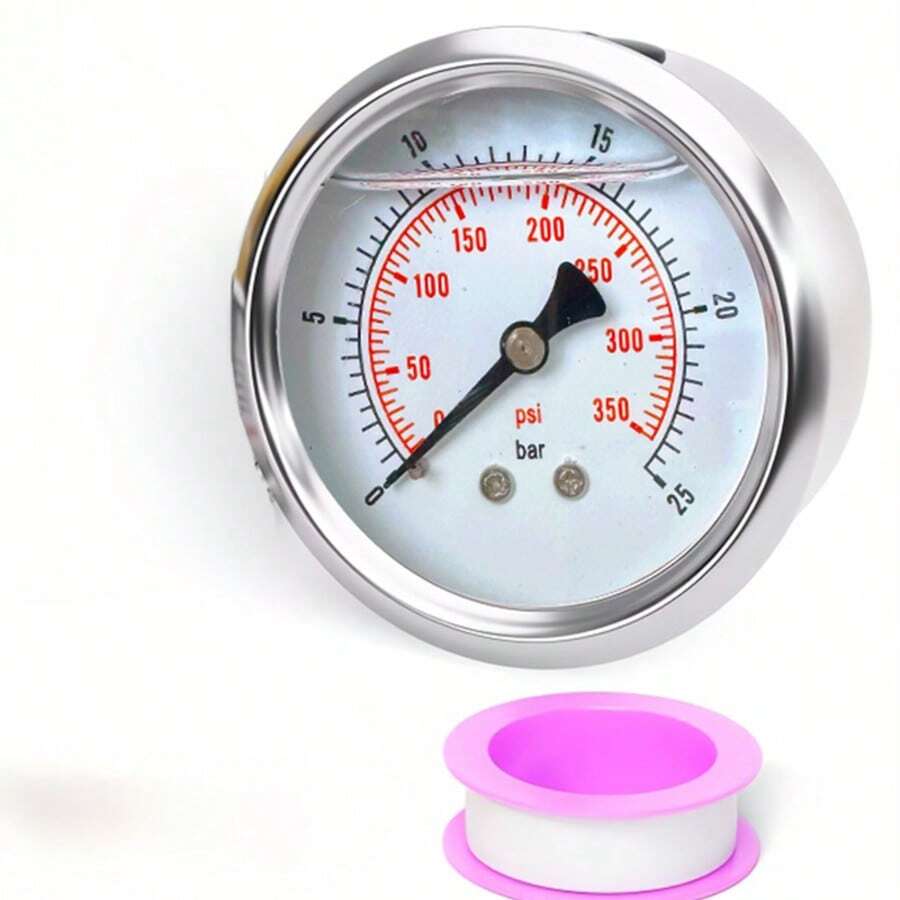 Axial Anti-Vibration Pressure Gauge, 1/4PT Thread Interface, 25bar, 350psi Pressure Gauge, Metal Back Shell, Built-In Glycerin Filled Anti-Vibration, Includes One Roll Of Tape - A - View 1