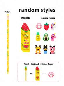 34pcs-Inspiring Fruit Bookmarks And Pencils With Cute Toppers, Fun Pencils, Fruit Food Themed Bookmarks, Cartoon Pen Caps, First Day Of School - Multicolor - View 6