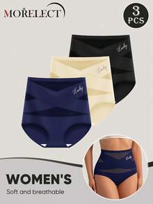 Morelect 3 Stück Damen-Höschen mit hoher Taille, Dreieck-Slip, weich und bequem, mit Kreuzriemen-Design - Verschiedenfarbig - Übersicht 5