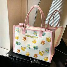 Miniso Pink Trim Off White All Over Print Pokemon Characters Canvas Tote Bag Women Cute Anime Casual Shopping Handbag - White - View 4