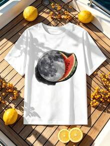 T-shirt da uomo con grafica Moon Watermelon, tessuto di alta qualità, vestibilità comoda, stile street hip-hop, traspirante. - Bianco - Visualizzare 2