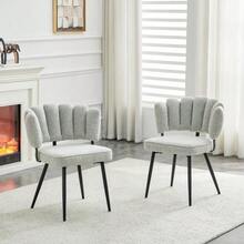 Set Of 2 European Dining Chairs With Floral Backrests And Velvet Upholstery. Light Grey Textured Velvet + Black Metal Legs - Black - View 4