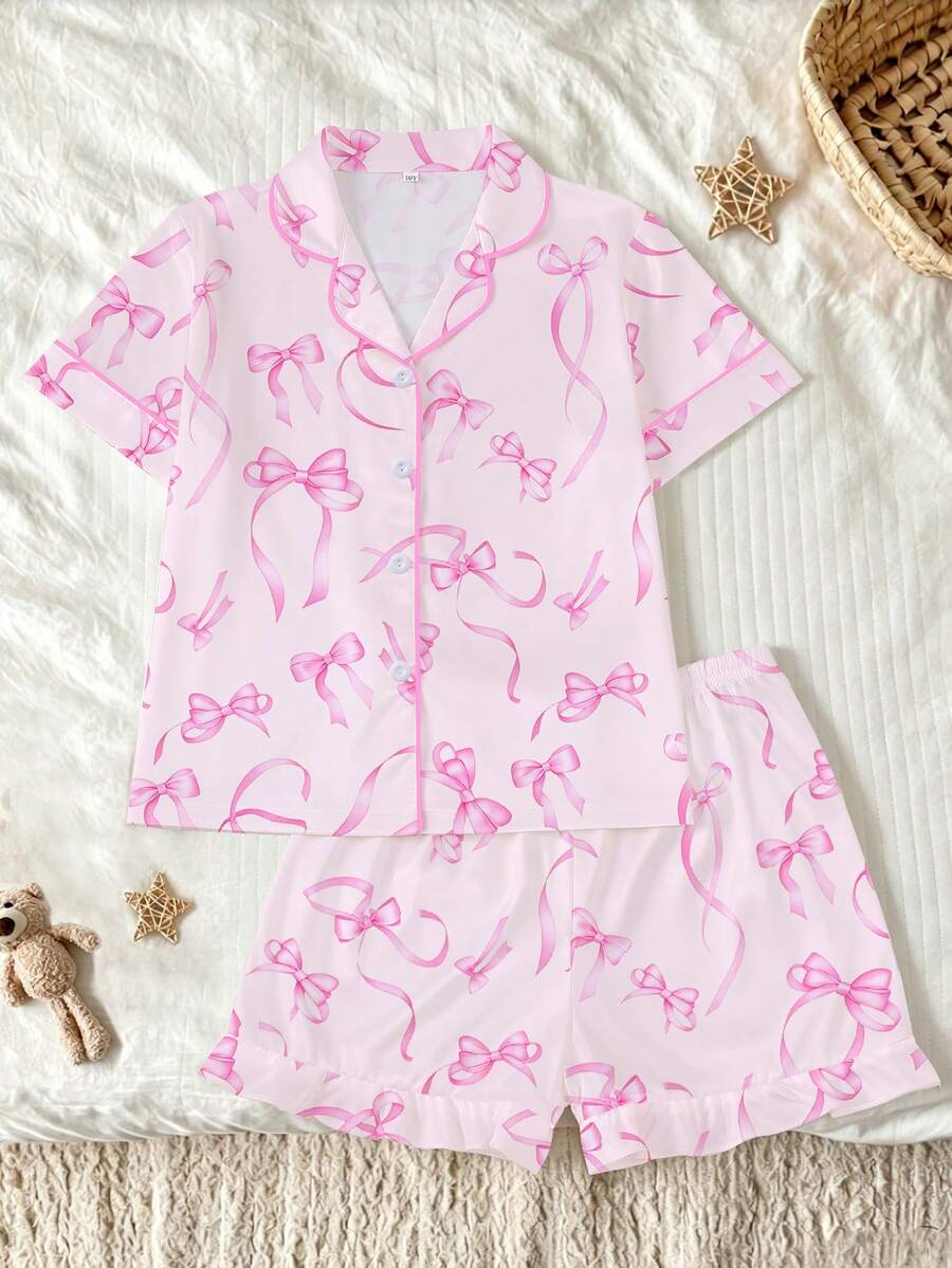 2件組白色底粉色可愛蝴蝶結印花青少年女孩睡衣,新款翻領短袖上衣搭配鬆緊腰寬鬆荷葉邊短褲休閒套裝,舒適透氣兒童家居服,適合青少年女孩與青少年,日常時尚或睡衣,可機洗 - 粉色 - 查看 1