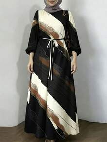 Elegant Long Arabic Style Dress, Bishop Sleeves, Round Neck, Abstract Print Woven Fabric Black - Black - View 6