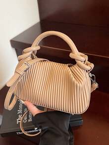 Fashion Solid Color Vertical Pleated Woven Mini Handbag, PU Material Knotted Handle, With Detachable Crossbody Strap, Minimalist Elegant Daily Shoulder Bag, Suitable For Career Women And Minimalist Enthusiasts, Perfect For Daily Commute, Coffee Dates, Weekend Shopping And City Leisure Walks. - Khaki - View 3