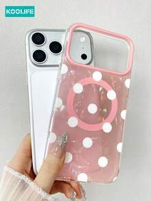KOOLIFE 1pc Pink Iridescent Shell White Big Polka Dot Magnetic Phone Case, Built-In MagSafe Magnet With Independent AI Button, TPU+PC 2 In 1 Dual Layer Shockproof Glossy Cover, Cute Sweet Ins Girly Minimal Fashion Style, Raised Anti-Scratch Camera Edge Holiday Gift Shell Compatible With Apple 17/17pro/17promax/16/15 - Pink White Polka Dots - View 2