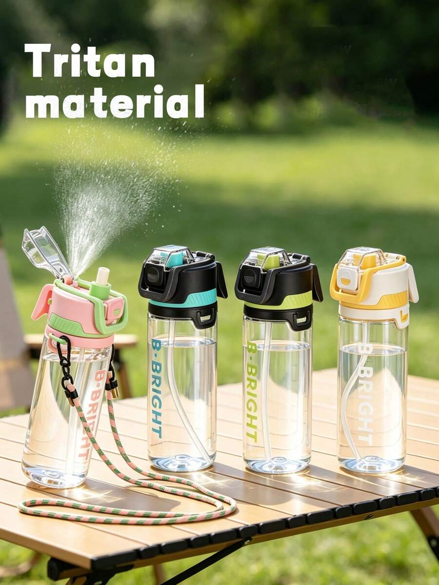 1pc 750ml/26oz New Outdoor Camping Spray Water Bottle, Hidden Handle Design, Large Capacity Dual Drinking Cup, Back To School, First Day Of School