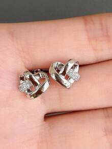 Women's Heart-Shaped Woven Earrings, Rhinestone Heart-Shaped Earrings, Elegant Versatile, Exquisite Minimalist Earrings - Silver - View 11