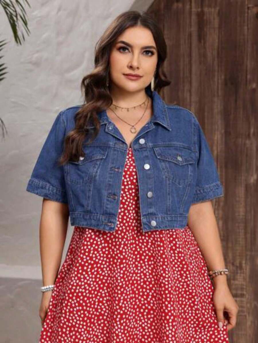 Plus Size Short-Sleeved Denim Cropped Jacket - Blue - View 1