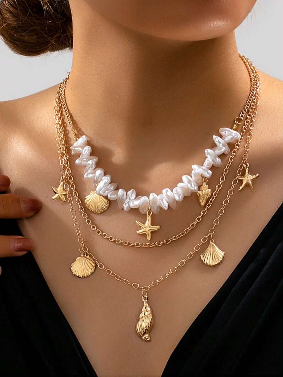 Layered Baroque Pearl Choker Necklace, Bohemian Ocean Series Starfish Shell Conch Pendant Necklaces, Women Summer Beach Vacation Jewelry Gift - Beige - View 1