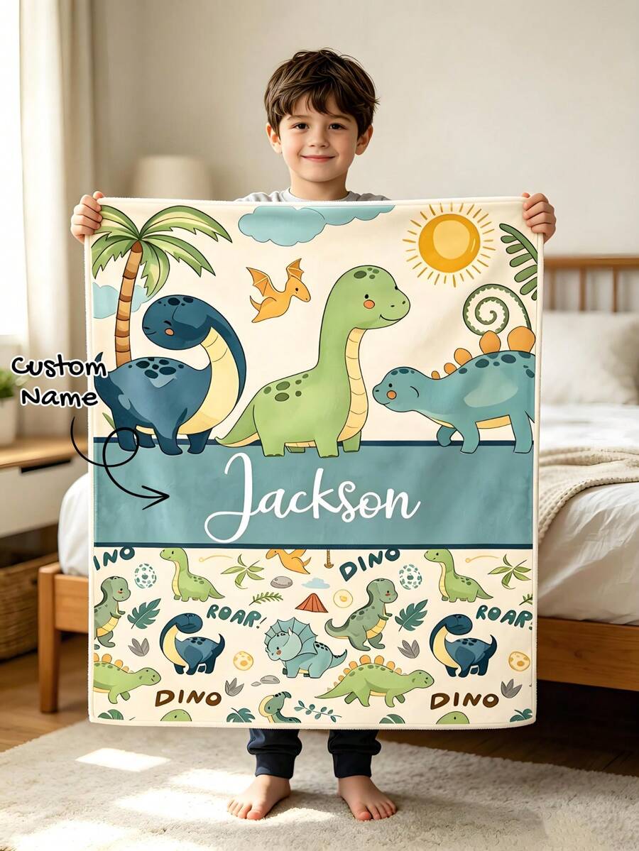 Personalized Cartoon Dinosaur Flannel Blanket With Custom Name, Palm Tree & Cloud Print Soft All-Season Throw For Sofa, Ideal Gift For Kids, Family - Multicolor - View 1