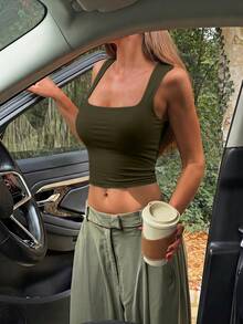 Women Square Neck Wide Strap Stretchy Slim Fit Crop Tank Top Basic Casual Camisole For Vacation Beach Street Daily Outdoor Wear - 軍綠色 - 查看 2