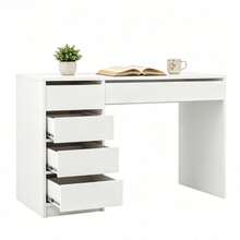 1 Piece Minimalist White Writing Desk With Side 4 Drawers & Wide Keyboard Drawer, Large 120cm Tabletop Space Saving Workstation, For Study Room Bedroom Office, Computer Table, Work Desk, Makeup Vanity, Student Writing Station, Household Workbench - Desk - View 4