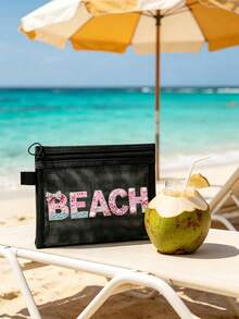 印有「Beach」文字與閃亮水鑽圖案的沙灘網格包，可攜式化妝收納包，適合存放口紅與氣墊粉撲，充滿海岸風情。透明大容量旅行化妝收納袋，夏威夷風網格化妝包，適合沙灘度假、購物、休閒度假、健身，適合作為母親節禮物、情人節禮物、教師節禮物，適合女性旅行、短途旅行與日常出行。 - 彩色 - 查看 5