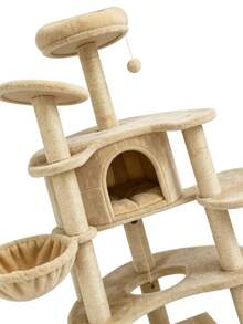 1pc Multi-Functional Integrated Cat Tree, Equipped With A Hanging Hammock And Viewing Platform, Made Of Wear-Resistant Sisal, Suitable For Adult And Kitten Cats For Indoor Use. - Khaki - View 10