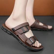 Sandal Kulit Pria Ukuran Besar Serbaguna untuk Aktivitas Luar Ruangan, Olahraga, Anti Selip, Sol Lembut, Mengemudi, Pantai, dan Ujung Terbuka - Coklat - View 4