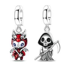 1pc Silver Plated Vintage Cartoon Fire Dragon Skeleton Grim Reaper Design Pendant Charm, Suitable For Bracelet Necklace DIY Jewelry Making, Ideal Choice For Women's Daily Jewelry Accessories And Holiday Party Gifts - Silver - View 1