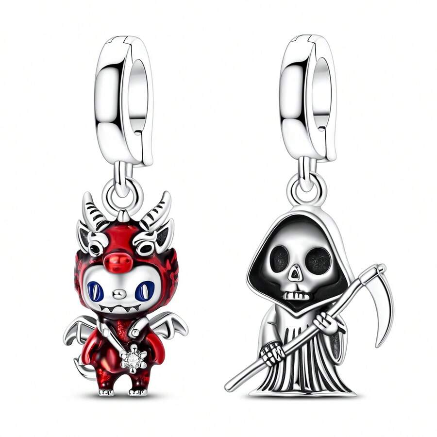 1pc Silver Plated Vintage Cartoon Fire Dragon Skeleton Grim Reaper Design Pendant Charm, Suitable For Bracelet Necklace DIY Jewelry Making, Ideal Choice For Women's Daily Jewelry Accessories And Holiday Party Gifts - Silver - View 1