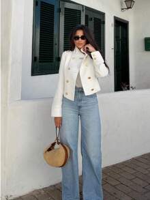 ZAHM White Short Double-Breasted Gold Button Blazer - Apricot - View 6