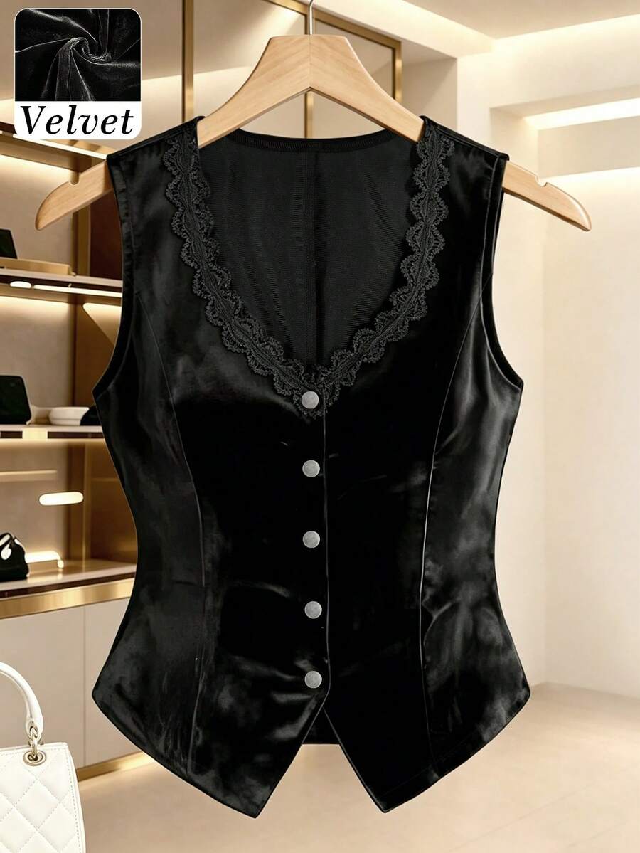 Women's Autumn/Winter Elegant Commute Holiday Inner/Outer Wear High-Quality Solid Color Lace Trim V-Neck Metal Four-Button Fitted Sleeveless Blazer - Black - View 1
