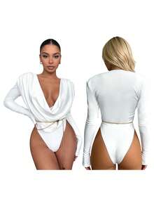 Women Sexy Bodysuit Deep V Neck Long Sleeve Solid Color Romper Women Tops For Club Party Streetwear Y2K Fashion Daily Casual Date Night Outfits Summer - 白色 - 查看 9