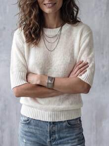 Women's Solid Color Round Neck Summer Soft Comfortable Minimalist Casual Fashion Versatile Knit Short Sleeve Top, Urban Style Daily Wear - White - View 4