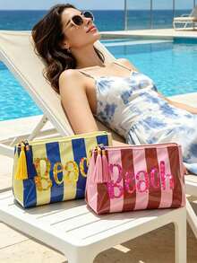 Striped Beach Makeup Bag With Tassel Zipper, "BEACH" Sequin Print, Waterproof PVC Toiletry Bag, Portable Travel Cosmetic Organizer, Multi-Functional Toiletry Bag, Vacation Makeup Storage Bag, Perfect For Beach, Pool, Cruise And Holiday Essentials, Unique Birthday Gift, Holiday Gift, Party Gift, Vacation Gift, Back To School Gift, Teacher Gift - Multicolor - View 4