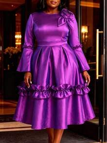 Elegant Plus Size Purple Autumn Mid-Length Dress, Women's Long Bell Sleeve Round Neck, Decorated With 3D Rose Flowers, A-Line Skirt, Suitable For Party Wear. - 紫色 - 查看 4
