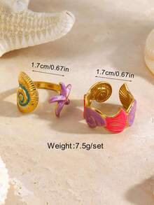 2pcs Stainless Steel Colorful Drip Oil Beach Vacation Style Ribbed Starfish & Shell Open Ring Set, Suitable For Women's Daily Beach Wear - Multicolor - View 2