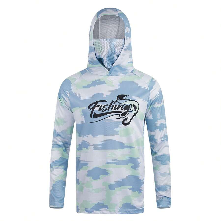 Men's Light Blue Camouflage Hooded Fishing Shirt With Face Mask, Long Sleeve Sun Protection Top Sports - Baby Blue - View 1