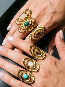 1 Piece 304 Stainless Steel 18K Gold-Plated Asymmetric Multi-Layer Hollow Natural Stone Open Ring/Waterproof And Fade-Resistant - Ring - View 1