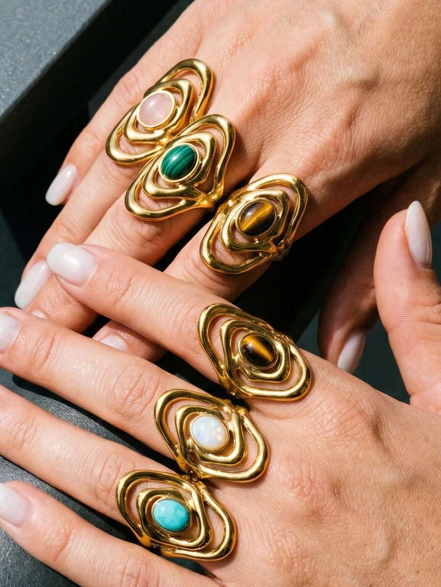 1 Piece 304 Stainless Steel 18K Gold-Plated Asymmetric Multi-Layer Hollow Natural Stone Open Ring/Waterproof And Fade-Resistant - Ring - View 1