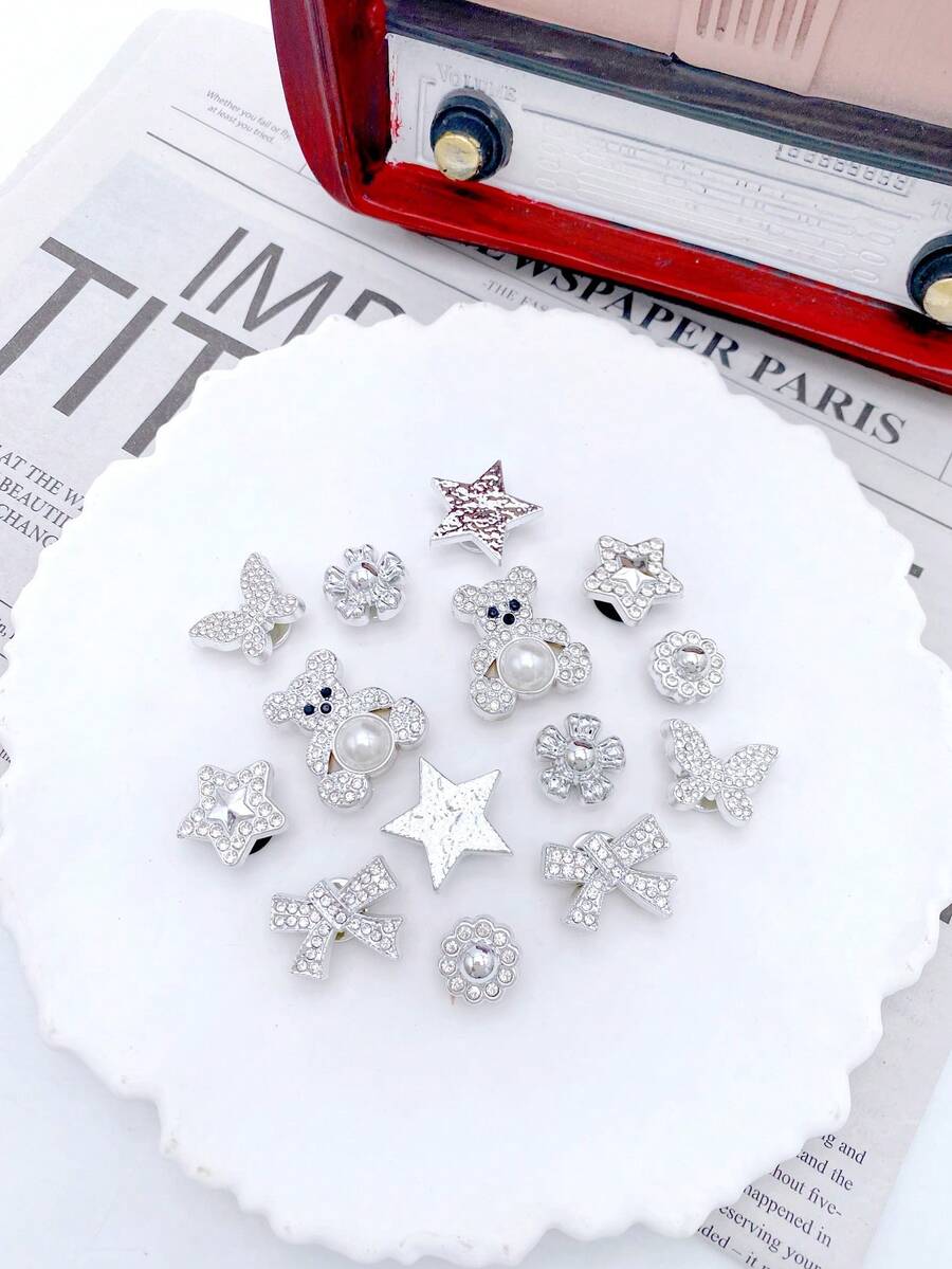14pcs Cute Detachable Shoe Charms DIY Shoe Accessories For Women Sandals, Fun Personalized Shoe Decoration, Perfect Gift For Holiday Party - Silver - View 1