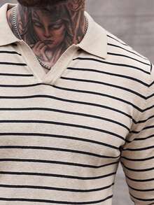 Men's Striped Knit Polo Sweater Long Sleeve Casual Apricot - Apricot - View 4
