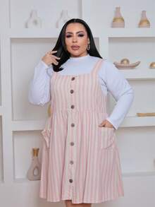 Plus Size Linen Button-Down Short Dress With Pockets, New Style - Striped Pink - View 3
