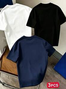 3件組-青少年男孩-休閒趣味印花圓領短袖T恤夏季上衣 - 黑色 - 查看 3
