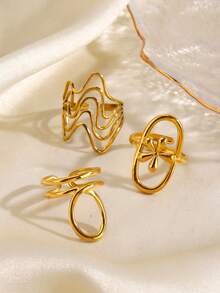 3pcs Stainless Steel 18K Gold Plated Fashion Personalized Hip Hop Geometric Line Open Rings Suitable For Women Daily Wear, Party And Gathering - Multicolor - View 5