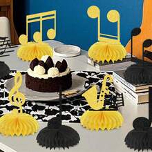 8 piezas de centros de mesa de panal de abeja con notas musicales de papel, suministros para conciertos y bautizos, decoraciones para fiestas de cumpleaños con tema de notas musicales, decoraciones para fiestas con tema de notas musicales de saxofón, centros de mesa de fiesta en negro y dorado - Ver 1